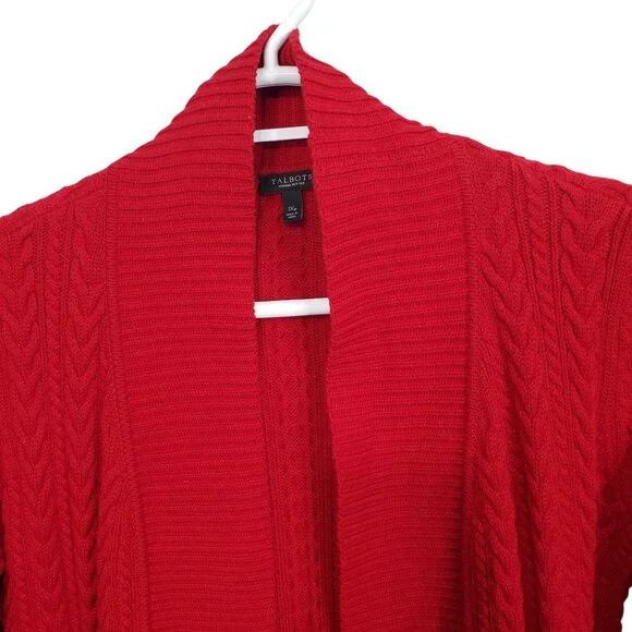 Talbots Petite Sz 1X Cardigan Cable Knit Open Front Lambswool Blend Sweater Cozy - Picture 4 of 11